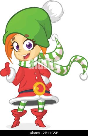 Joyeux dessin animé Noël fille Elf de Santa. Illustration vectorielle isolée sur blanc Illustration de Vecteur