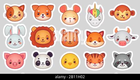 Autocollants pour le visage d'animaux. Visages animaux mignons, kawaii drôle émotiji autocollant ou avatar. Jeu d'illustrations vectorielles de dessin animé Illustration de Vecteur