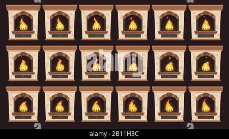 Feu animé dans cheminée. Animation des flammes dans les foyers rétro à combustion de bois isolé vecteur dessins animés ensemble Illustration de Vecteur