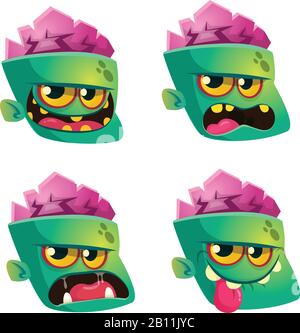 Illustration vectorielle de l'ensemble d'émoticônes de face Zombie. Icônes d'émotiji Halloween Illustration de Vecteur