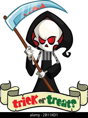 Mignonne rime de dessin animé avec scythe isolé sur blanc. Joli squelette Halloween mort personnage icône Illustration de Vecteur