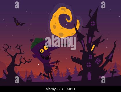 Une vieille maison émoussée avec des fantômes. Fond de dessin animé d'Halloween. Illustration vectorielle Illustration de Vecteur