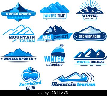 Panneau de montagne de neige. Logo paysage d'hiver, symbole des montagnes, modèle vectoriel de ski ou de snowboard Illustration de Vecteur