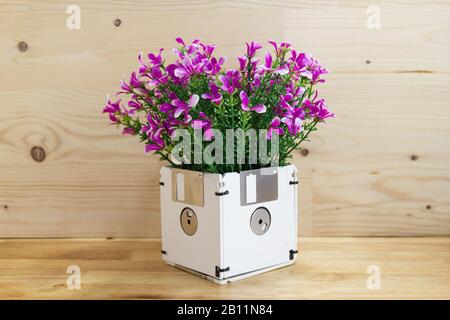 Concept recycler disquette, fleur dans boîte de disque, objets créatifs utilisés pour meubles obsolètes Banque D'Images