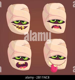 Icônes de momie de bande dessinée. Ensemble vectoriel de quatre émotions de tête de zombie Illustration de Vecteur