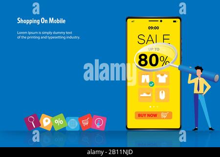 Concept d'affaires de l'achat en ligne sur le téléphone mobile, homme d'affaires détiennent une grande loupe pour concentrer le nombre de remise 80% sur le screenใ Illustration de Vecteur