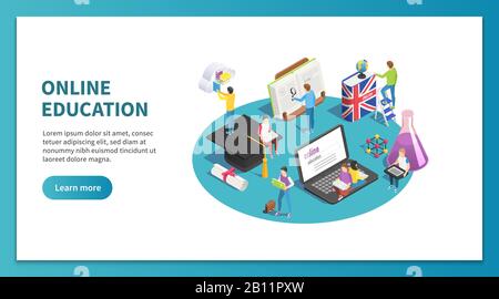 Concept isométrique de l'éducation en ligne. Internet étudiant et cours sur le Web. Apprentissage du site Web des étudiants de la conception de vecteur de page d'accueil Illustration de Vecteur
