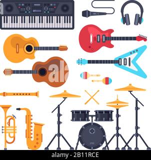 Instruments de musique. Tambour d'orchestre, synthétiseur de piano et guitares acoustiques. Kit vectoriel plat d'instrument de musique à bande de jazz Illustration de Vecteur
