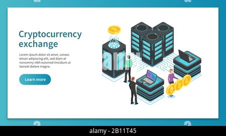 Page d'accueil de Cryptocurrency Exchange. Exploitation minière de personnes, échange de plate-forme de crypto. Concept isométrique vectoriel du marché des paiements en ligne Illustration de Vecteur