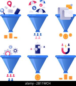 Ventes de génération d'entonnoir. Génération de prospects, entonnoirs de trieurs de courrier et illustration du concept vectoriel d'optimisation de vente de pipeline Illustration de Vecteur