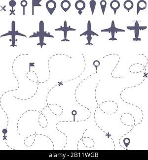 Ligne de routage de plan. Plans lignes pointillées directions de sentier, générateur de carte de direction de chemin de vol et ensembles de vecteurs d'icônes d'avion Illustration de Vecteur