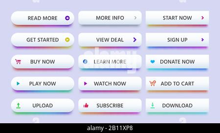 Bouton rectangle. Boutons d'appel à l'action, en savoir plus ou en lire plus et icône acheter maintenant. Ensemble vectoriel isolé de gradients modernes Illustration de Vecteur