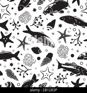 Sealife linocut modèle nautique avec poisson, étoiles de mer, algues et vagues en noir et blanc. Motif plage d'été. Motif de répétition de surface. Illustration de Vecteur