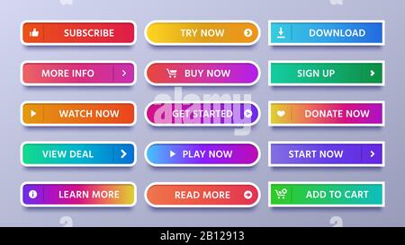 Boutons de dégradés colorés. Bouton web vif avec icône ou flèche, se connecter et abonner icônes ensemble vectoriel isolé Illustration de Vecteur