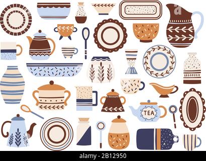 Vaisselle de cuisine. Batterie de cuisine en céramique, tasses en porcelaine et bol en verre. Cuisine vaisselle isolé plats éléments vecteur ensemble Illustration de Vecteur