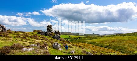 Dartmoor en fin d'été - vue panoramique de Honeybag Tor en direction de Haytor Banque D'Images