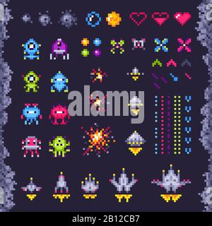 Jeux d'arcade rétro. Envahisseurs vaisseau spatial, pixel envahisseur monstre et rétro jeux vidéo pixel art objets isolés illustration set Illustration de Vecteur