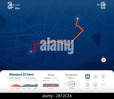 Tableau de bord d'itinéraire. City Street map navigation, City Running routes et gps tracking Maps app plate Vector illustration Illustration de Vecteur