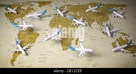 Avions sur la carte du monde. Vols aériens et voyages et tourisme à l'aéroport. illustration tridimensionnelle Banque D'Images