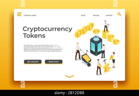Page d'accueil Blockchain et crypto-monnaie. Les personnes isométriques qui minières des pièces. Conception Web vectorielle Illustration de Vecteur