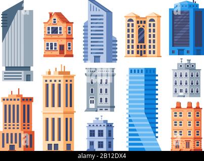 Bâtiments de la ville. Extérieur de bureau urbain, bâtiment de maison de séjour et maison d'appartement isolé des icônes vectorielles ensemble Illustration de Vecteur