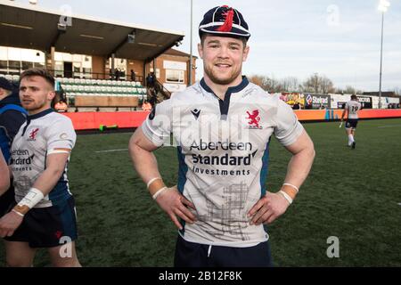 Newcastle, Royaume-Uni. 22 février 2020. Matt Eliet de Londres Scottish photographié après avoir été présenté avec sa casquette après le match de championnat Greene King IPA entre Newcastle Falcons et Londres Scottish au Kingston Park, Newcastle le samedi 22 février 2020. (Crédit: Chris Lishman | Mi News) Crédit: Mi News & Sport /Alay Live News Banque D'Images