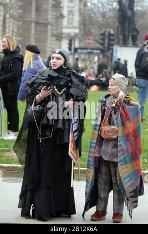 Londres, Royaume-Uni. 22 février 2020. Vivienne Westwood, créatrice de mode. Daniel Lismore sculpteur, designer et militant de tissus britannique. Décrit par Vogue Magazine comme le rassemblement de la « dresseuse la plus excentrique d'Angleterre » contre l'extradition de Julian Assange sur la place du Parlement. Crédit : JOHNNY ARMSTEAD/Alamy Live News Banque D'Images