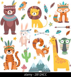 Des animaux tribaux drôles. Animal de bébé de forêt, renard sauvage mignon et jungle tribales zoo isolé caricature vecteur jeu de caractères Illustration de Vecteur