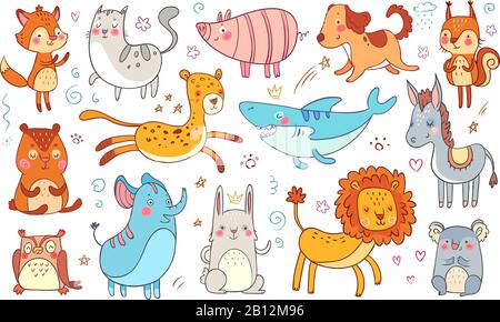 Animaux dessinés à la main mignons. Animal d'amitié drôle de chat de doodle, adorable renard décoratif et de bébé ours isolé illustration vectorielle ensemble Illustration de Vecteur