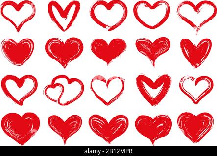 Coeurs de Grunge. Coeur rouge dessiné à la main, chetheart bien-aimé valentine et dessin grungy valentines jour carte de salutation isolée vecteur ensemble Illustration de Vecteur