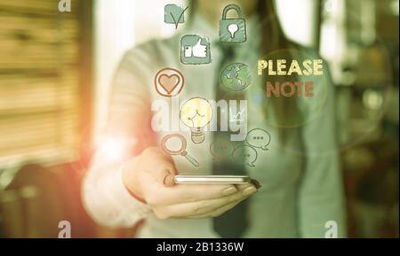 Écrit remarque montrant Veuillez prendre note. Concept d'affaires de façon formelle pour diriger montrant s est l'attention sur certaines informations Banque D'Images