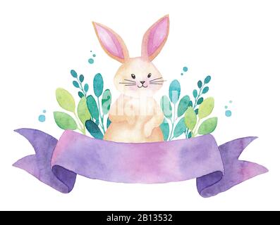 Joyeux Pâques aquarelle mignon lapin avec ruban violet bannière et feuilles vertes, carte de voeux, isolé sur blanc Banque D'Images