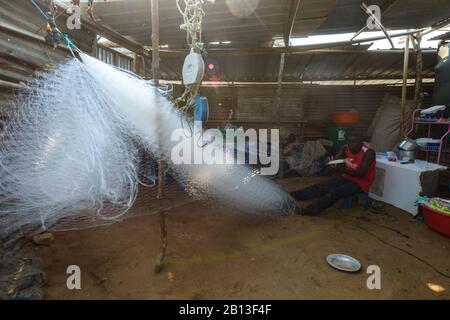 Pêcheur angolais travaillant sur son filet, Angola, Afrique Banque D'Images