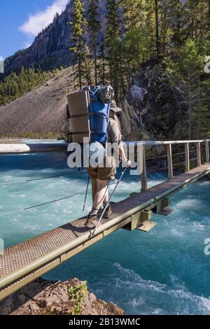 Karen Rentz franchit la rivière Robson sur un pont à pied dans le parc provincial du Mont Robson, Colombie-Britannique, Canada Banque D'Images