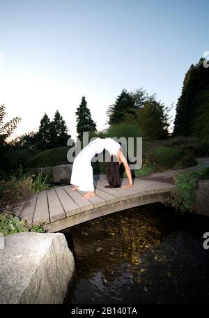 La femme fait du yoga dans un jardin Banque D'Images