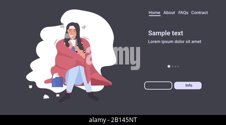 femme qui attrape le froid ayant mal de tête fille couverte avec la couverture de boire du thé infection de l'influenza symptômes maladie de la grippe pleine longueur copie espace illustration vectorielle Illustration de Vecteur