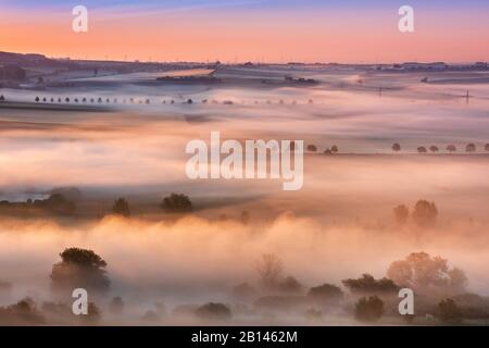 Paysage culturel au lever du soleil, brouillard matinal brille dans le premier feu, Unstruttal, Freyburg (Unstrut), Saxe-Anhalt, Allemagne Banque D'Images