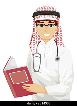 Illustration d'un étudiant en médecine de Teenage Guy au Qatar, tenant un livre, Portant un foulard Keffiyeh avec un groupe et un stéthoscope Au-Dessus De Ses Épaules Banque D'Images