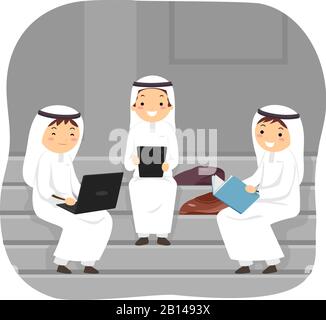 Illustration d'un membre du groupe d'étudiants de type « Teenage Guy » au Qatar, Portant Thawb et un foulard avec bande, Assis sur des escaliers, tenant un ordinateur portable, une tablette et un Banque D'Images