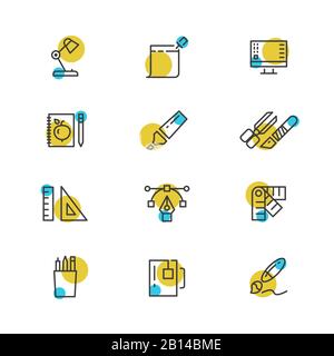 Bureau papeterie thin line icons collection. Jeu d'outils de couleur de dessin. Illustration vectorielle Illustration de Vecteur