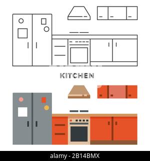 Concept de cuisine plate isolé sur fond blanc. Meubles de cuisine, illustration vectorielle Illustration de Vecteur