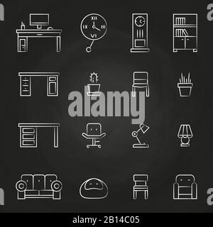 Icônes de mobilier et d'accessoires de la salle de travail sur tableau de surveillance. Fauteuil et table. Illustration vectorielle Illustration de Vecteur