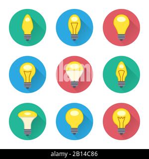 Ampoules colorées ensemble d'icônes plates. Idée de lampe de collection en couleur ronde. Illustration vectorielle Illustration de Vecteur