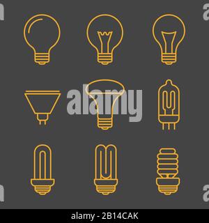 Les ampoules jaunes présentent des icônes. Lampe électrique de conception linéaire. Illustration vectorielle Illustration de Vecteur