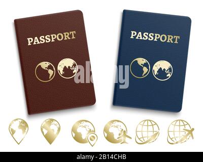 Passeports international ID et Golden navigation et les icônes de voyage. Document officiel juridique, illustration du passeport national vectoriel Illustration de Vecteur