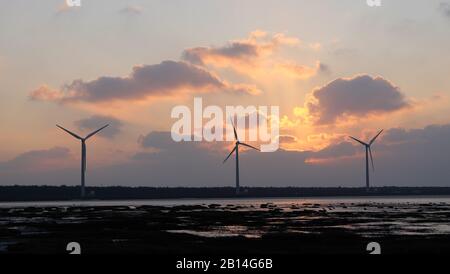 Éoliennes dans la zone côtière, avec soleil couchant et ciel nuageux en soirée. Banque D'Images