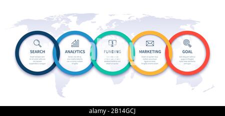 Tableau des étapes commerciales globales. Infographies de la chronologie de la stratégie, plan de démarrage mondial et illustration infographie vectorielle de la chaîne d'étapes Illustration de Vecteur