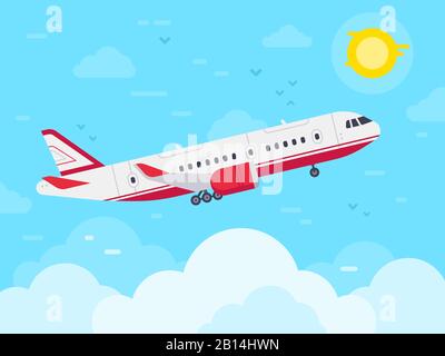 Avion volant dans le ciel. Les avions à réaction volent dans les nuages, les avions voyagent et les avions de vacances illustration vectorielle plate Illustration de Vecteur