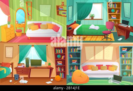 Chambre pour adolescents. Étudiant encombré de pièce, appartement de maison d'université d'adolescent et de maison de meubles dessin animé illustration vectorielle Illustration de Vecteur