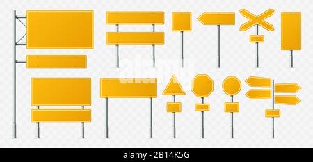 Panneau de signalisation jaune. Panneaux de signalisation vides, panneaux de route de transport et panneaux de signalisation sur support métallique scénario réaliste Illustration de Vecteur